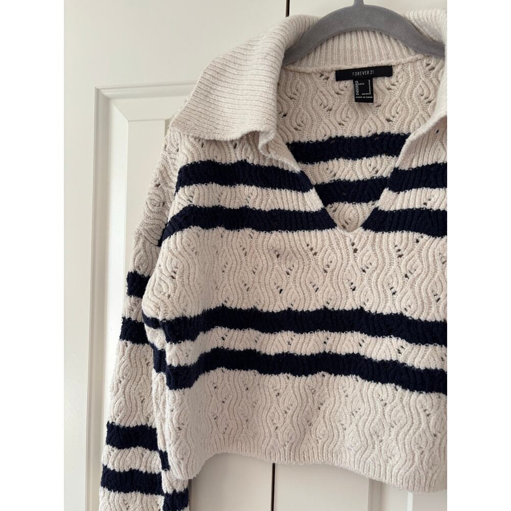 Forever 21 Striped Collared Crop Sweater Ivory Navy Cable Knit Women’s S - Picture 3 of 6